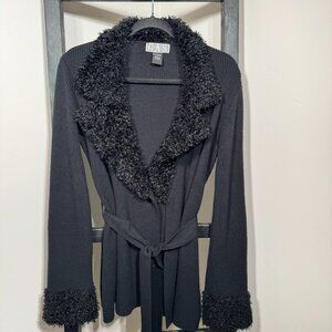 GAS Black Faux Fur Trim Belted Cardigan – Cozy Knit Sweater, Size L